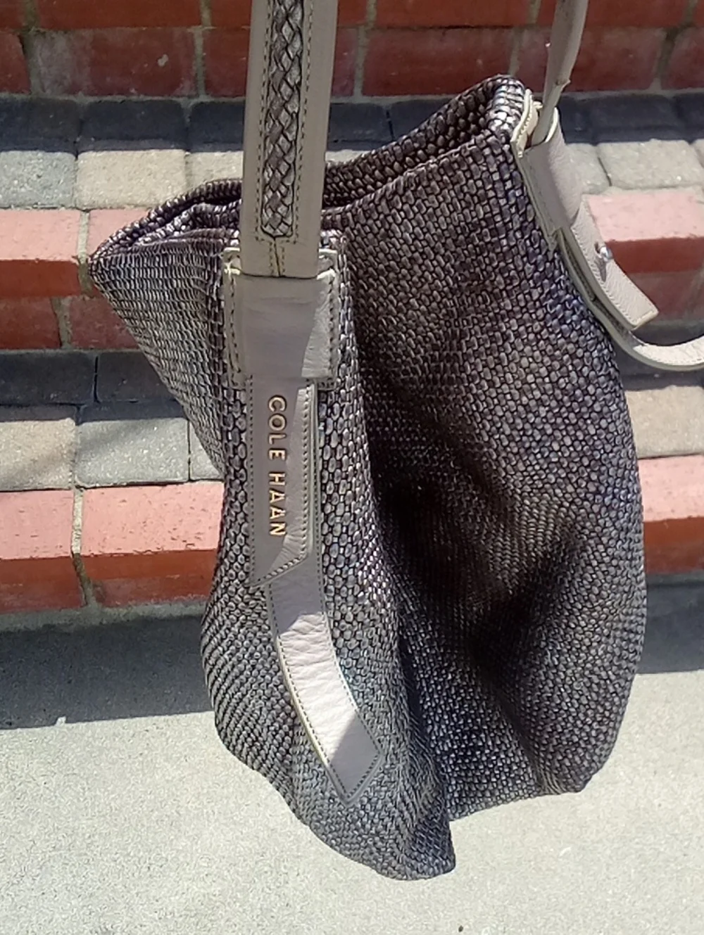 Cole Haan Pewter Golden Beige Woven Leather Genevieve Large Bucket Hobo
